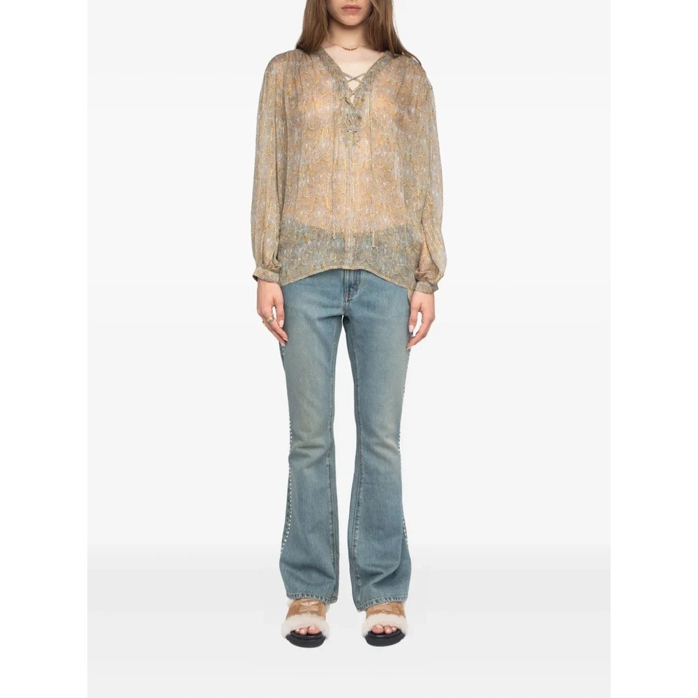 Zadig &‎ Voltaire Tamela Lace Up Blouse Womens XS Sheer Sparkle Floral Boho